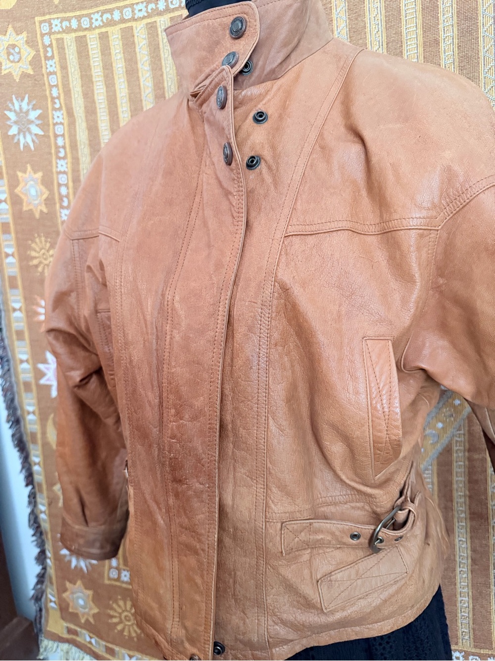 Women's Tan Leather Button-Front Jacket wool lined !!